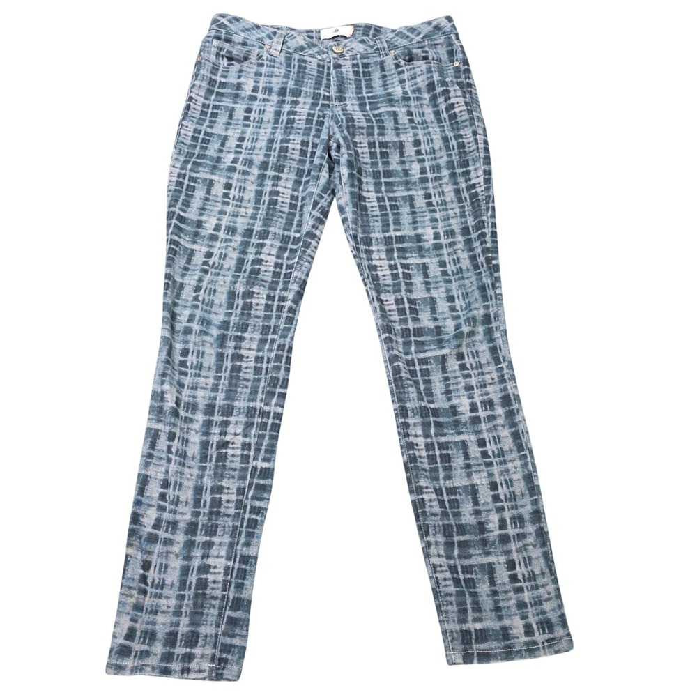 Cabi Skinny Jeans Women's Size 12 Blue Grey Abstract Grid Print Stretch Denim